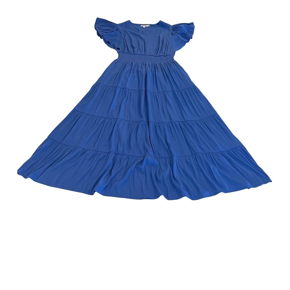 Chico's Blue Smocked Waist Tiered Maxi Dress Flutter Sleeve Size 00 US‎ 2 - Picture 4 of 11